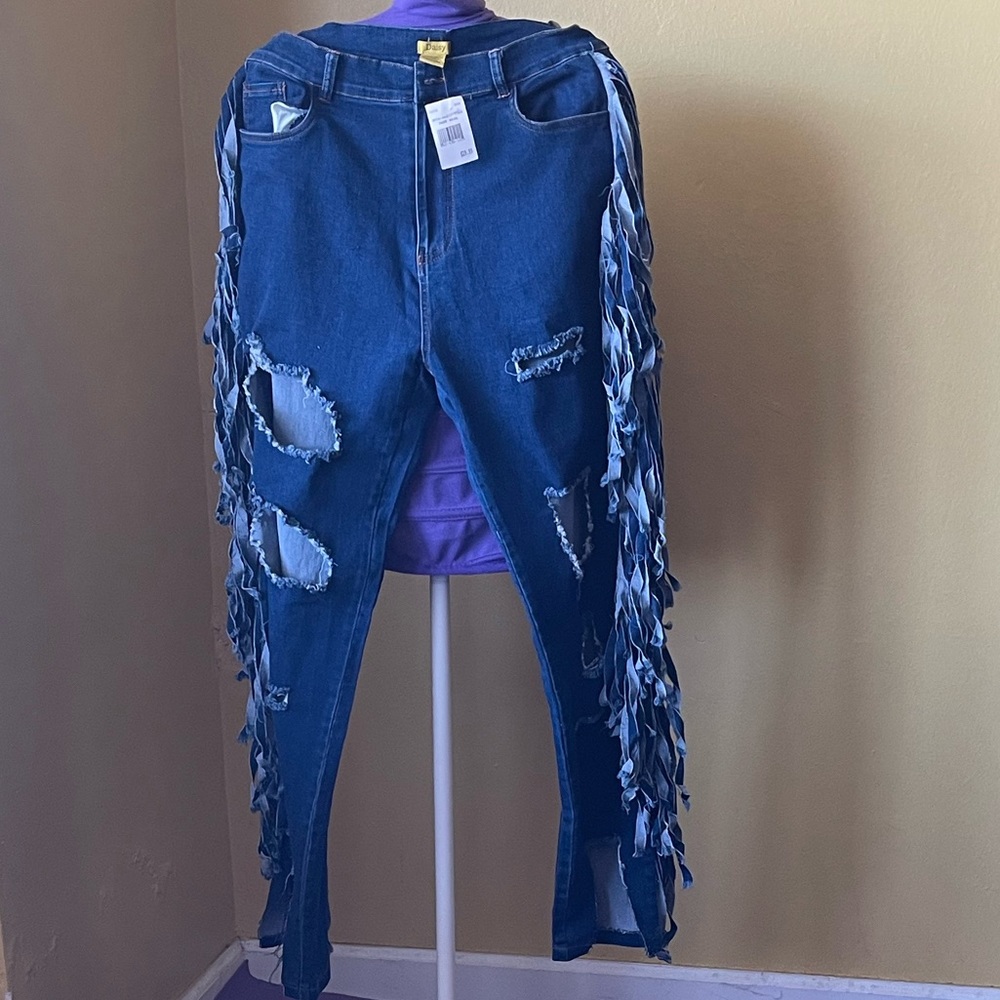 Daisy Blue Distressed Fringe Jeans